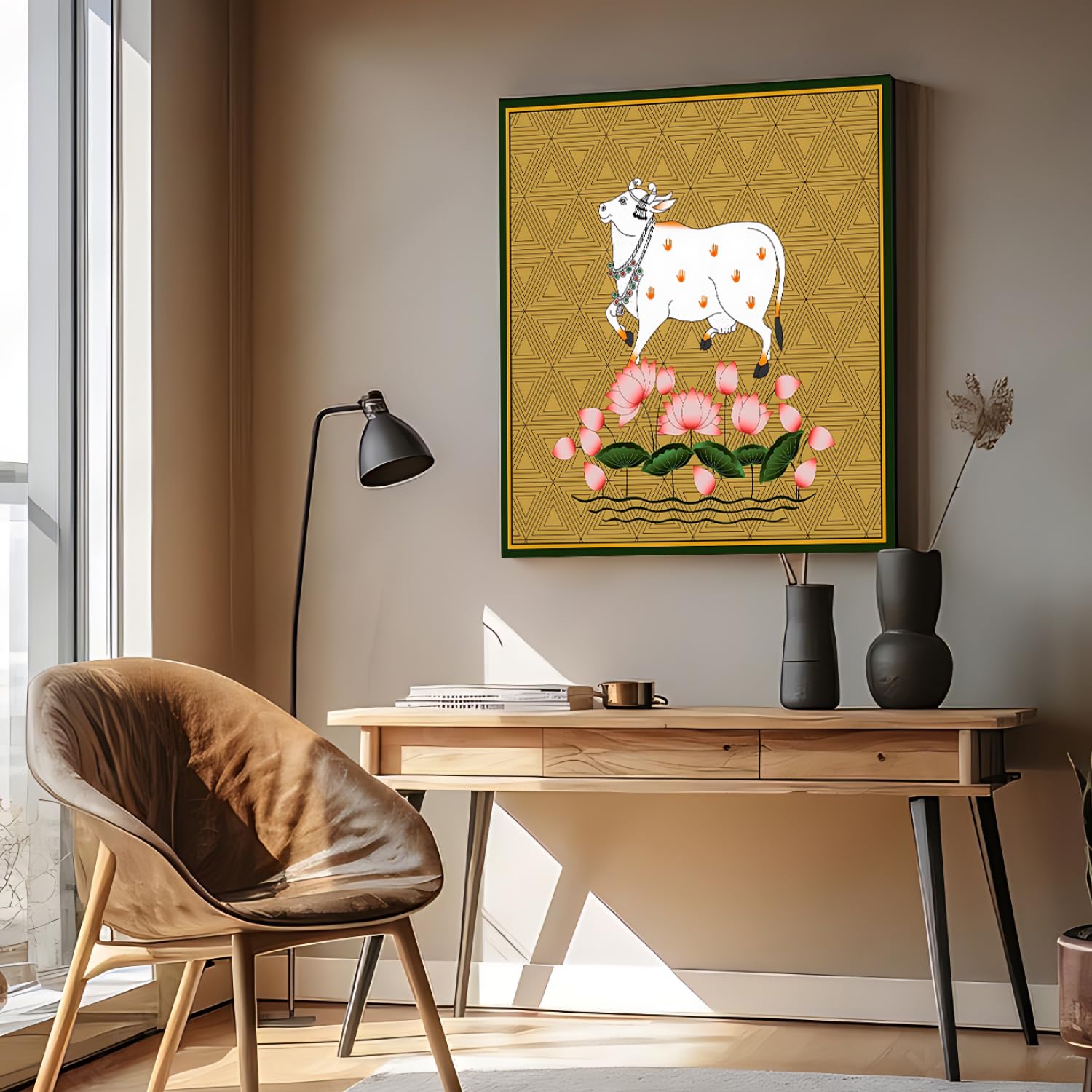 Chalk My Theme Sacred Cow Pichwai Wood Print Wall Art Gold Home Decor, Living Room, Bedroom, Cafe, Room Painting For Wall Decora